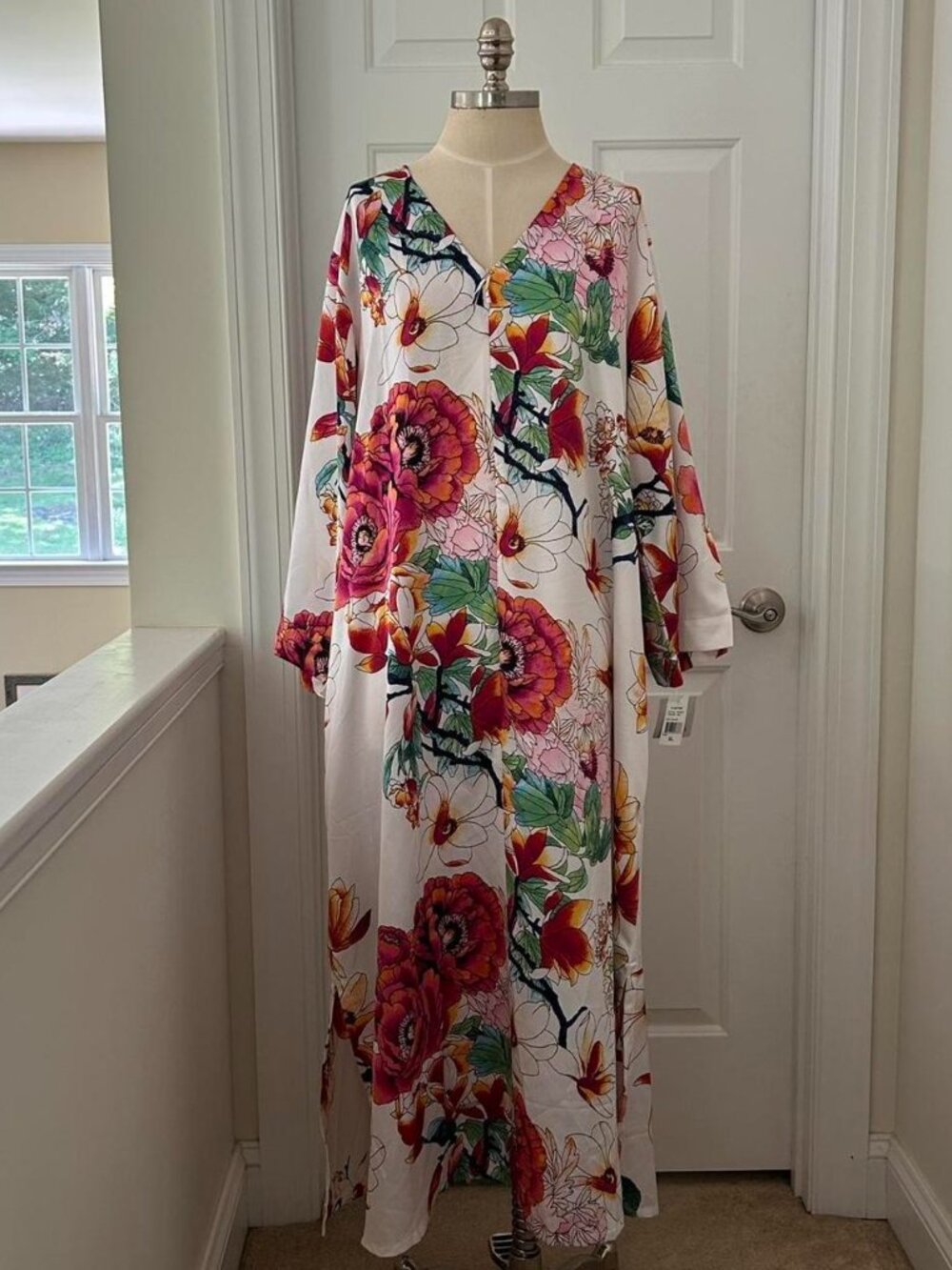 Natori multicoloured floral maxi dress with long sleeves and V-neckline